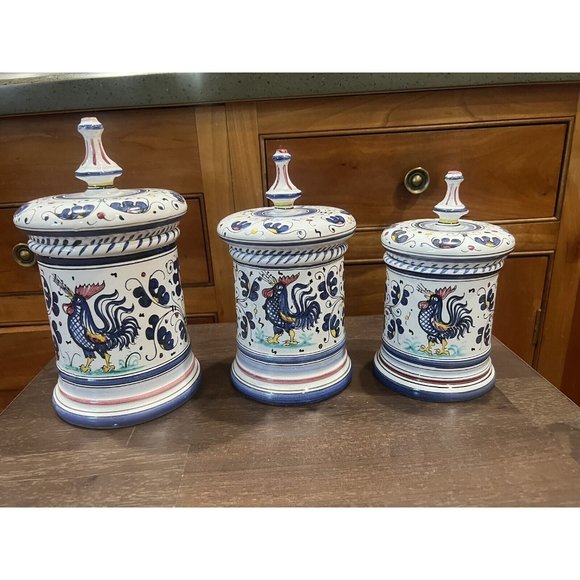 Deruta Orvieto Blue Rooster Canister Set Of 3 Hand painted Pottery W/Lids READ - Picture 1 of 14